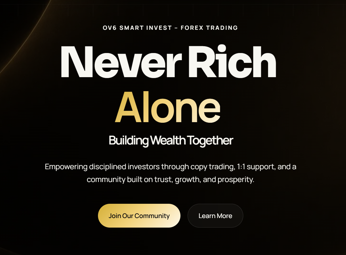 OV6 Smart Invest website homepage — the headline “Never Rich Alone” in white and gold on a black background